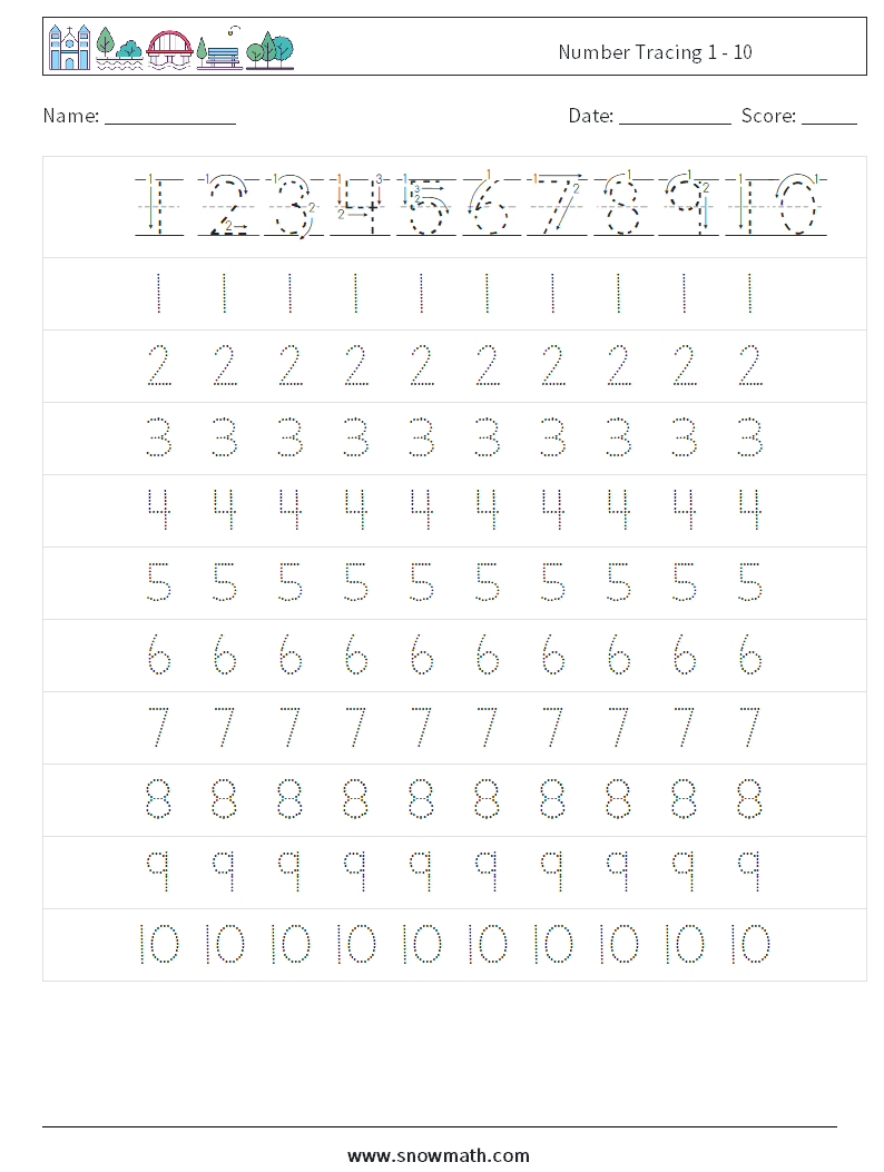 Number Tracing 1 - 10 Maths Worksheets 1