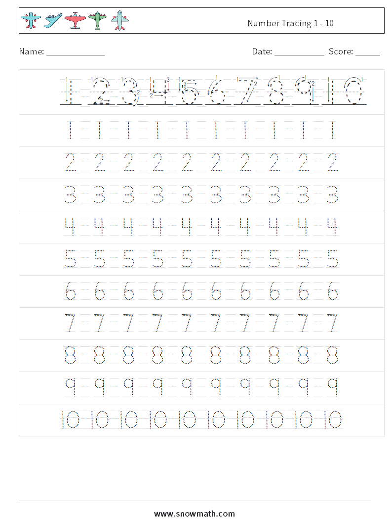 Number Tracing 1 - 10 Maths Worksheets 2