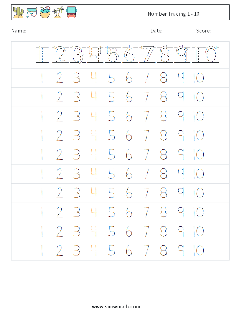 Number Tracing 1 - 10 Maths Worksheets 3