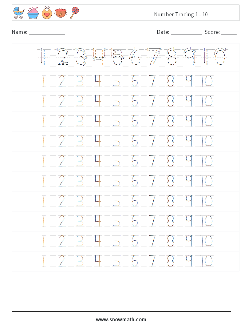 Number Tracing 1 - 10 Maths Worksheets 4