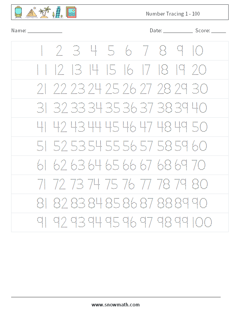 Number Tracing 1 - 100 Maths Worksheets 1