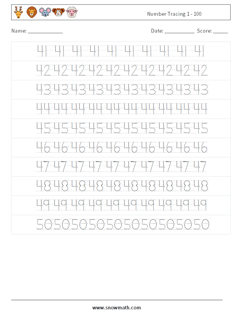 Number Tracing 1 - 100 Maths Worksheets 10