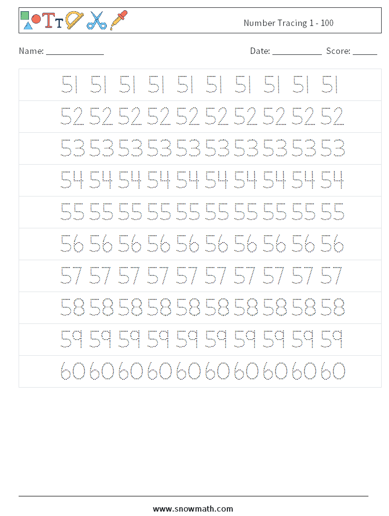 Number Tracing 1 - 100 Maths Worksheets 11