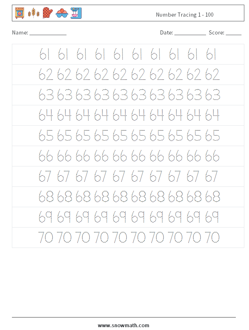 Number Tracing 1 - 100 Maths Worksheets 13