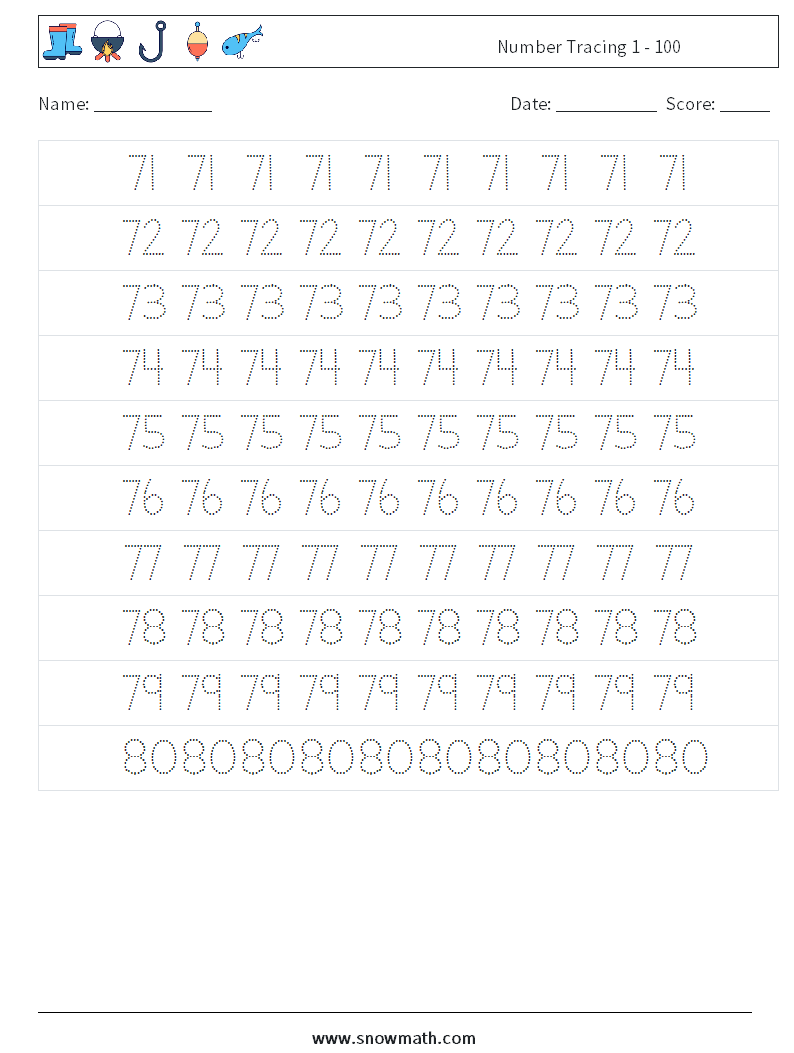 Number Tracing 1 - 100 Maths Worksheets 15