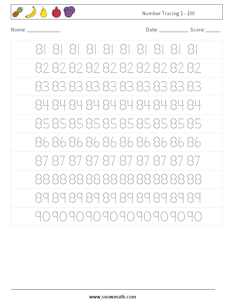 Number Tracing 1 - 100 Maths Worksheets 17