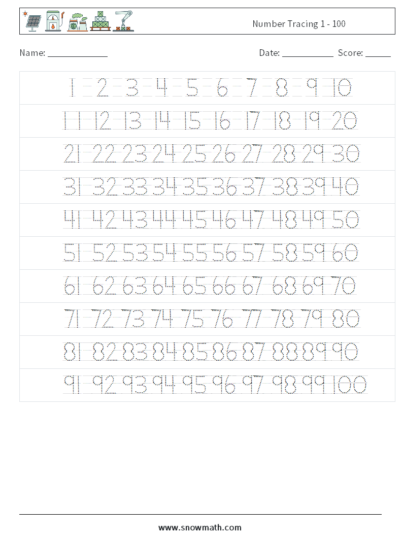 Number Tracing 1 - 100 Maths Worksheets 2