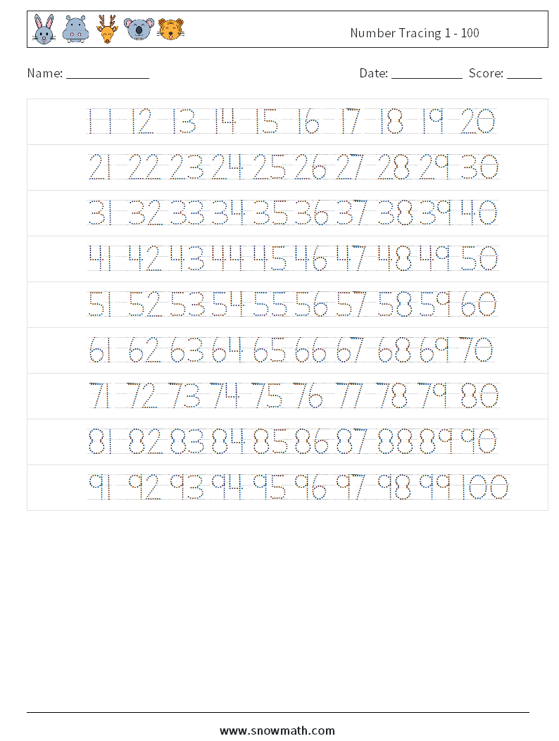 Number Tracing 1 - 100 Maths Worksheets 22