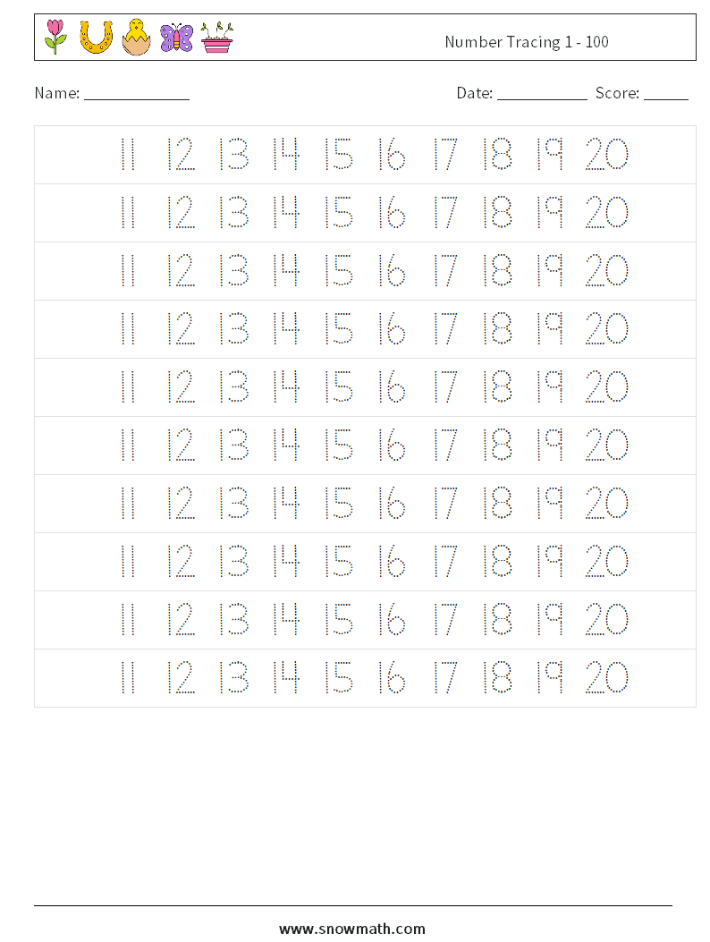 Number Tracing 1 - 100 Maths Worksheets 23