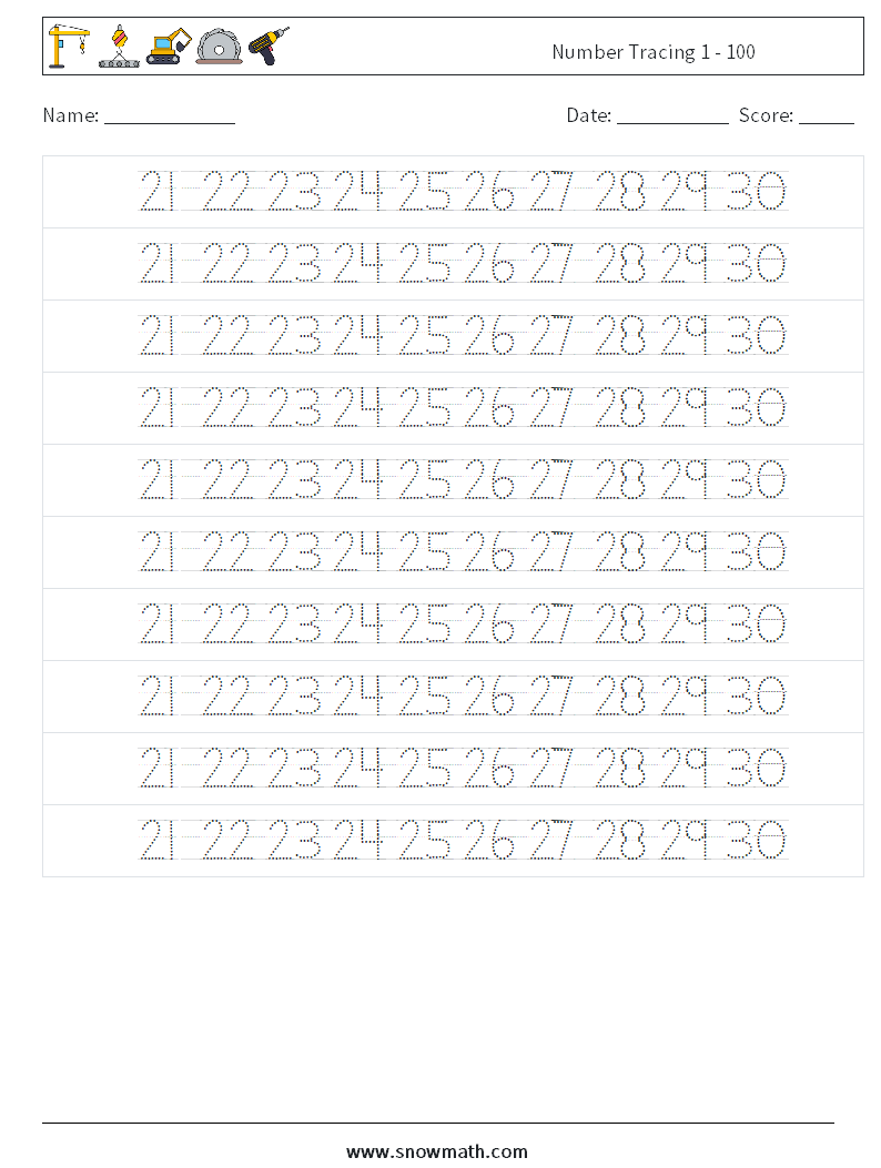 Number Tracing 1 - 100 Maths Worksheets 26