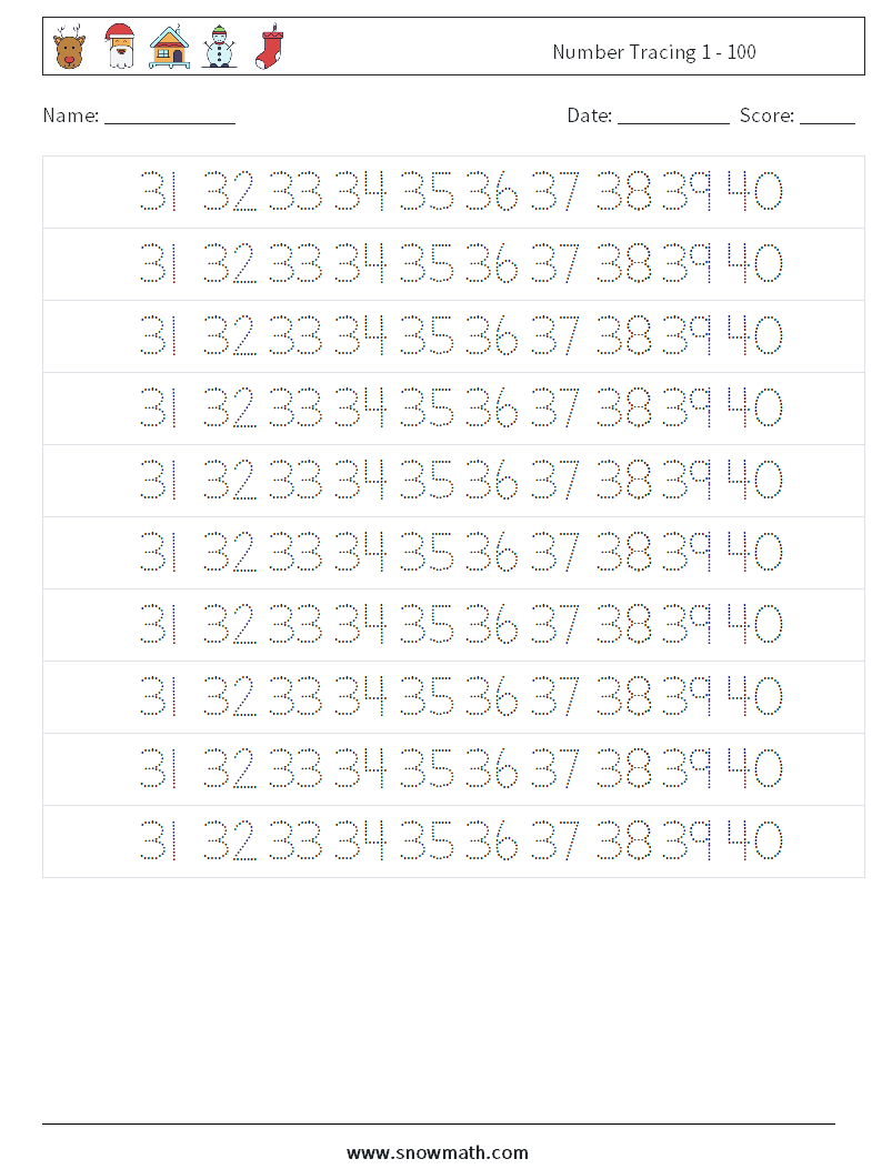 Number Tracing 1 - 100 Maths Worksheets 27