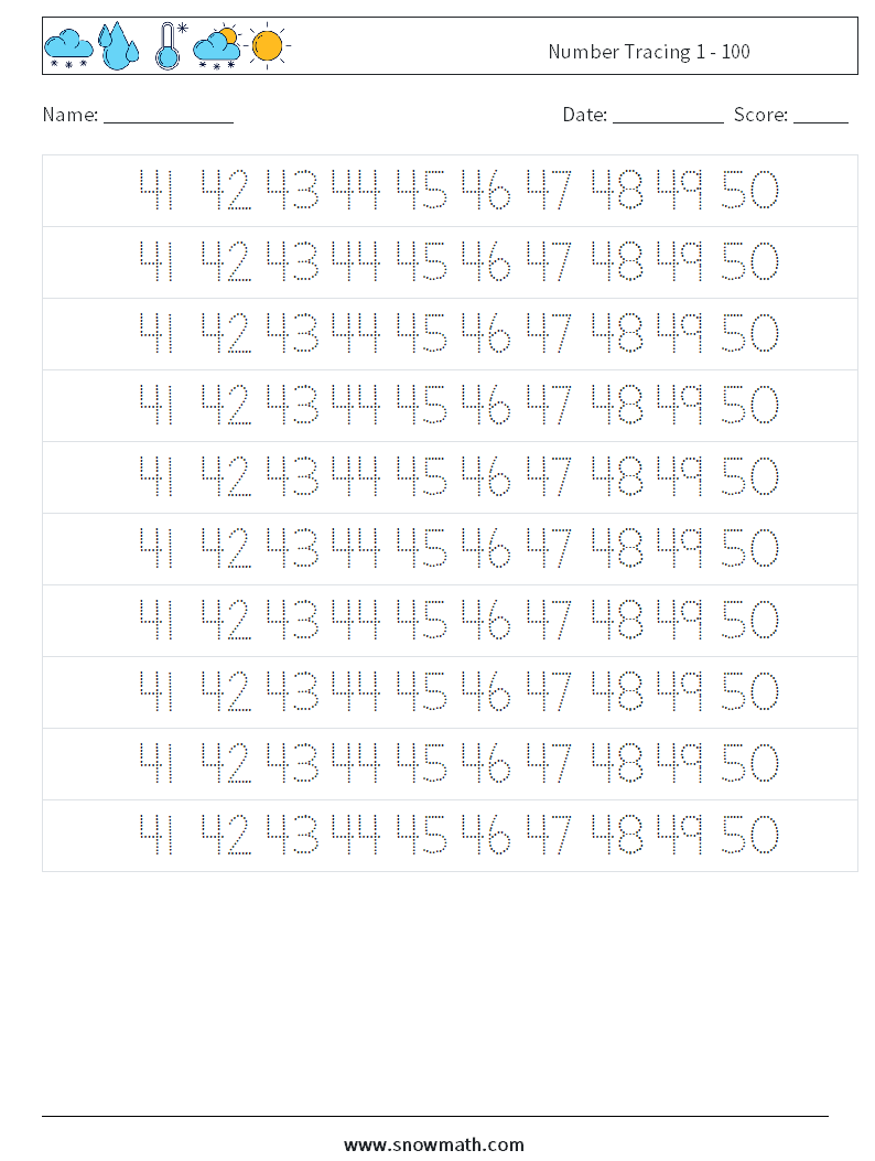 Number Tracing 1 - 100 Maths Worksheets 29