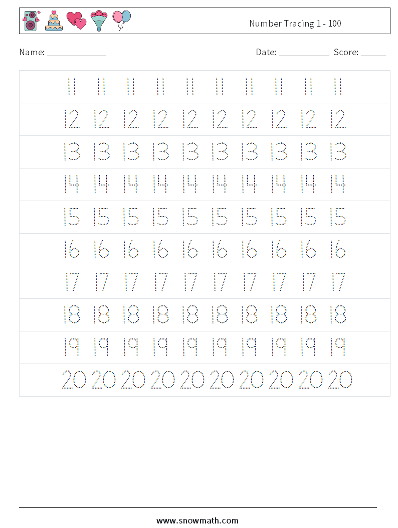 Number Tracing 1 - 100 Maths Worksheets 3