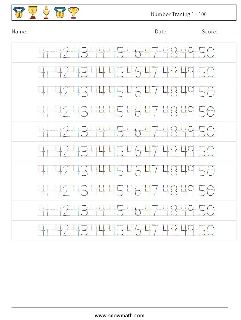 Number Tracing 1 - 100 Maths Worksheets 30