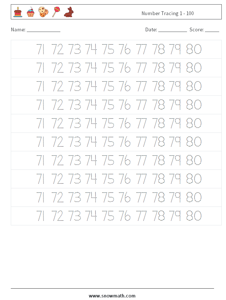 Number Tracing 1 - 100 Maths Worksheets 35