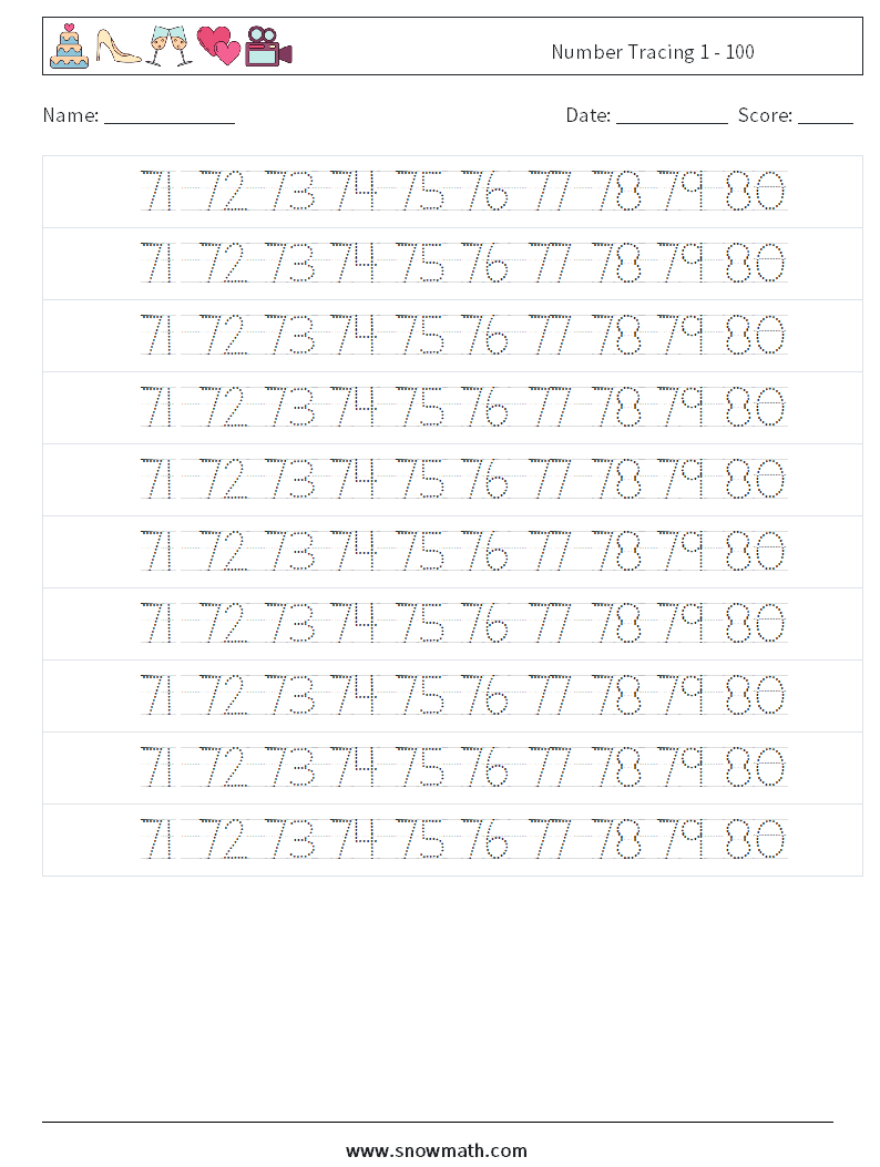 Number Tracing 1 - 100 Maths Worksheets 36