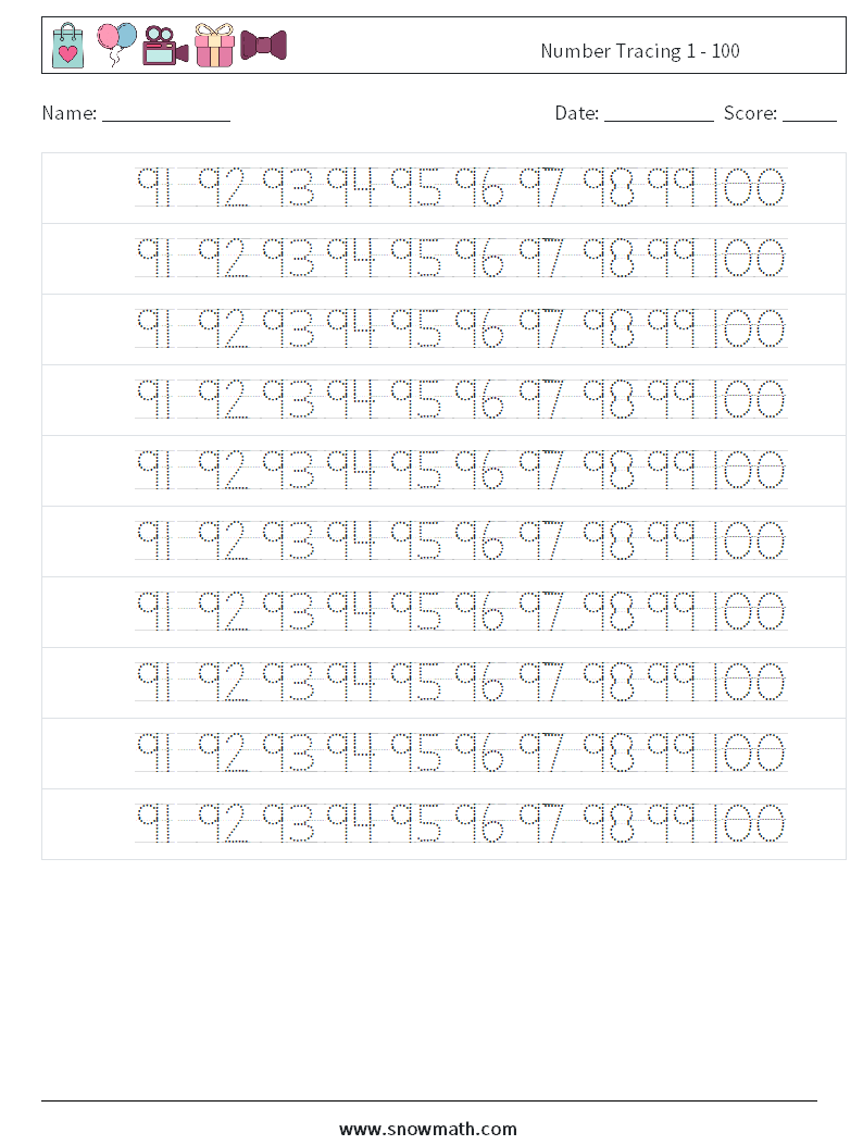 Number Tracing 1 - 100 Maths Worksheets 40