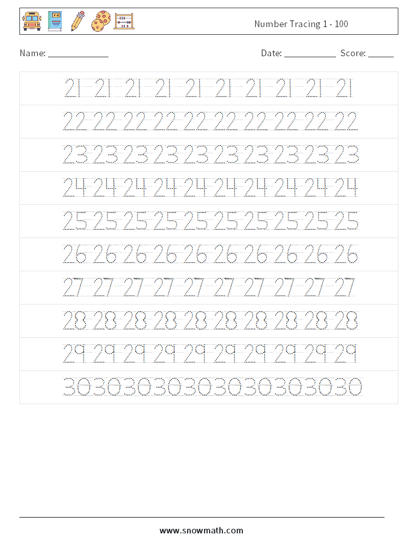 Number Tracing 1 - 100 Maths Worksheets 6