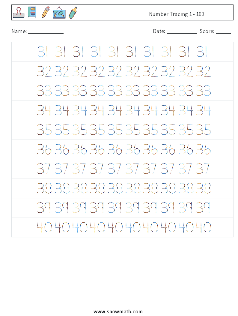 Number Tracing 1 - 100 Maths Worksheets 7