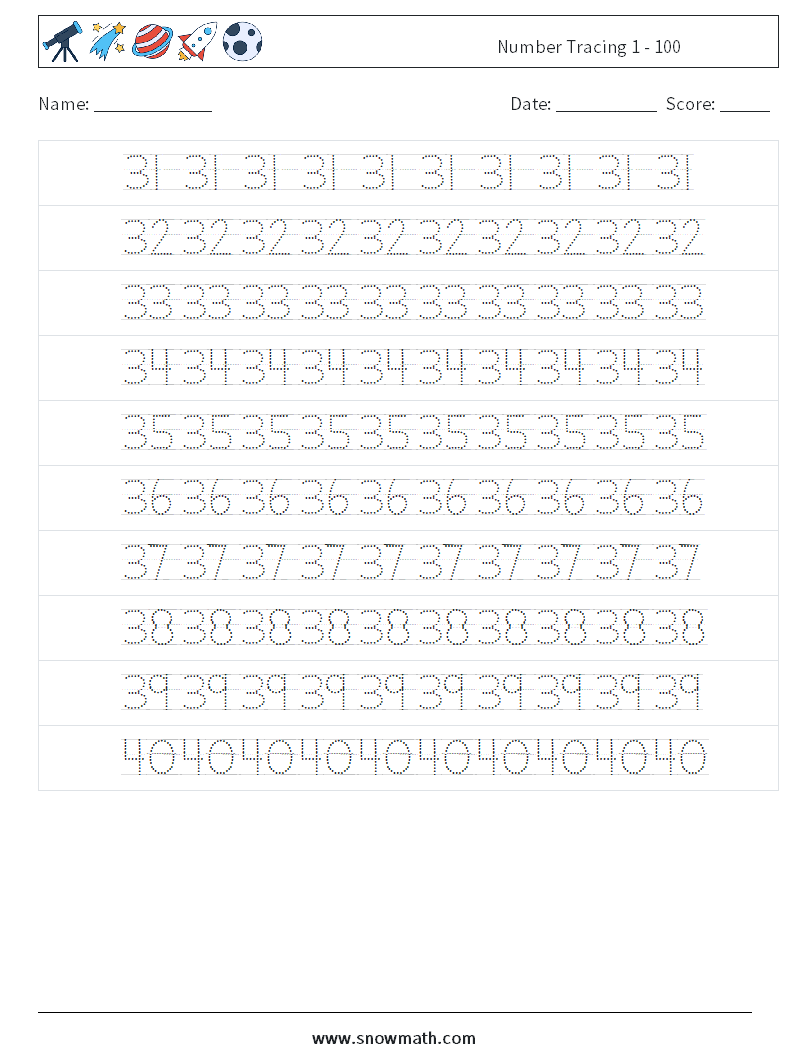 Number Tracing 1 - 100 Maths Worksheets 8