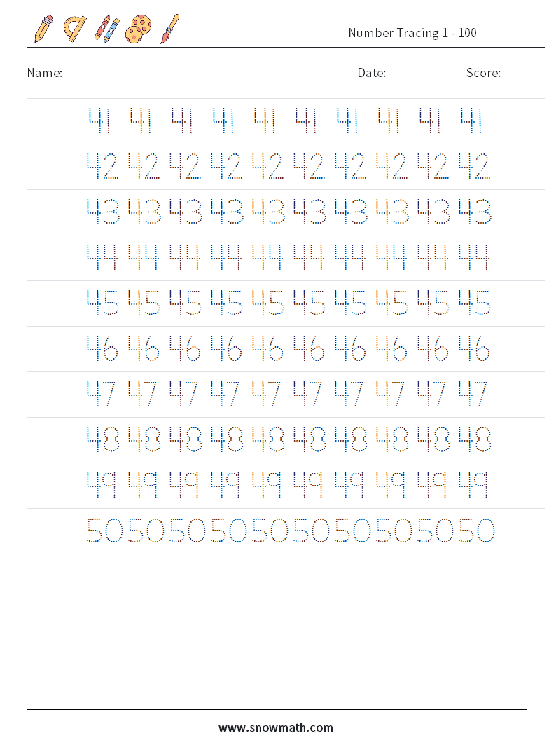 Number Tracing 1 - 100 Maths Worksheets 9