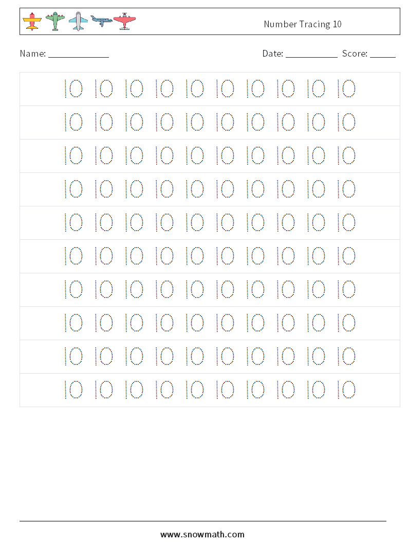 Number Tracing 10 Maths Worksheets 2