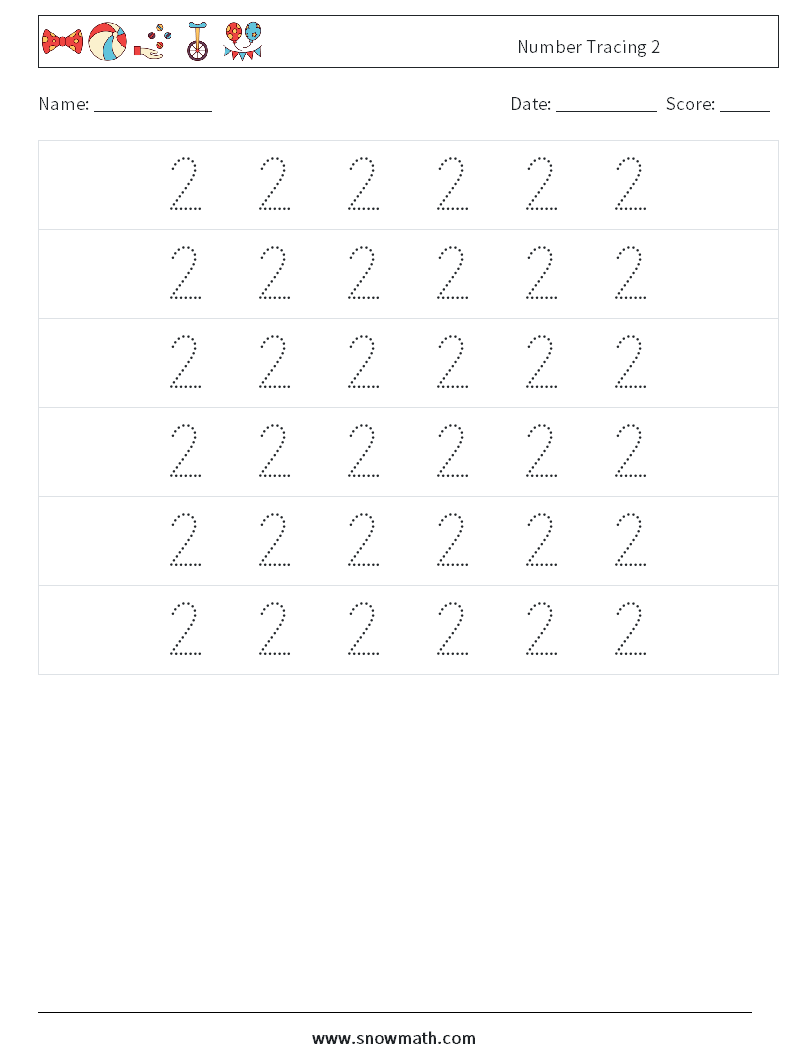 Number Tracing 2 Maths Worksheets 6