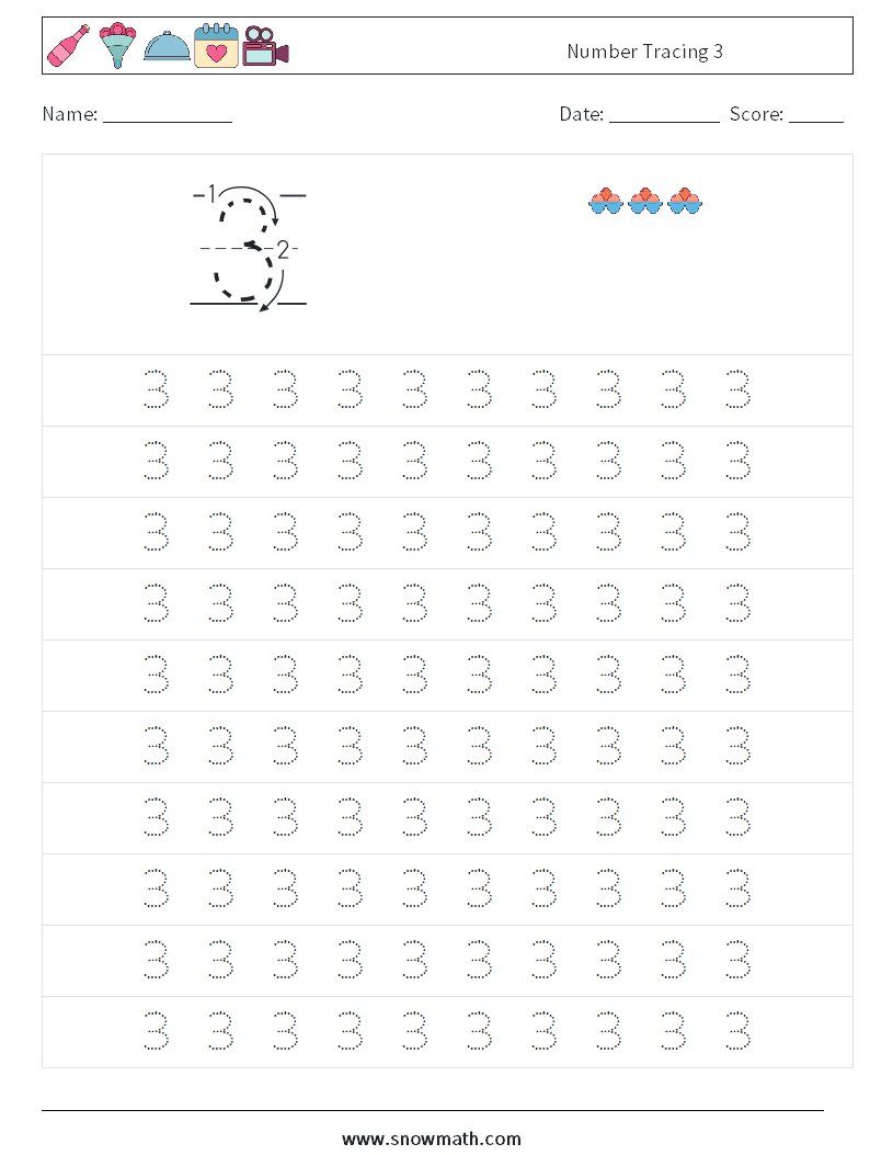 Number Tracing 3 Maths Worksheets 1