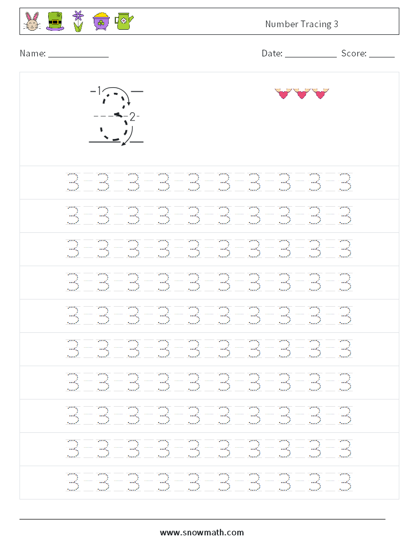 Number Tracing 3 Maths Worksheets 13