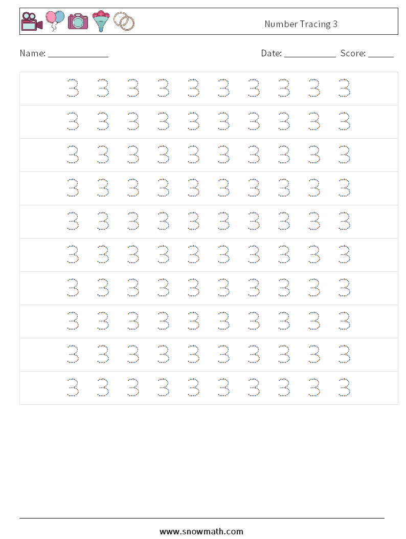 Number Tracing 3 Maths Worksheets 2