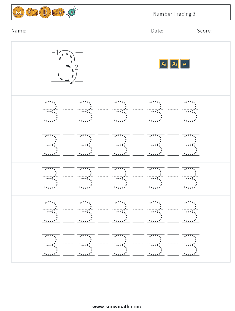 Number Tracing 3 Maths Worksheets 21