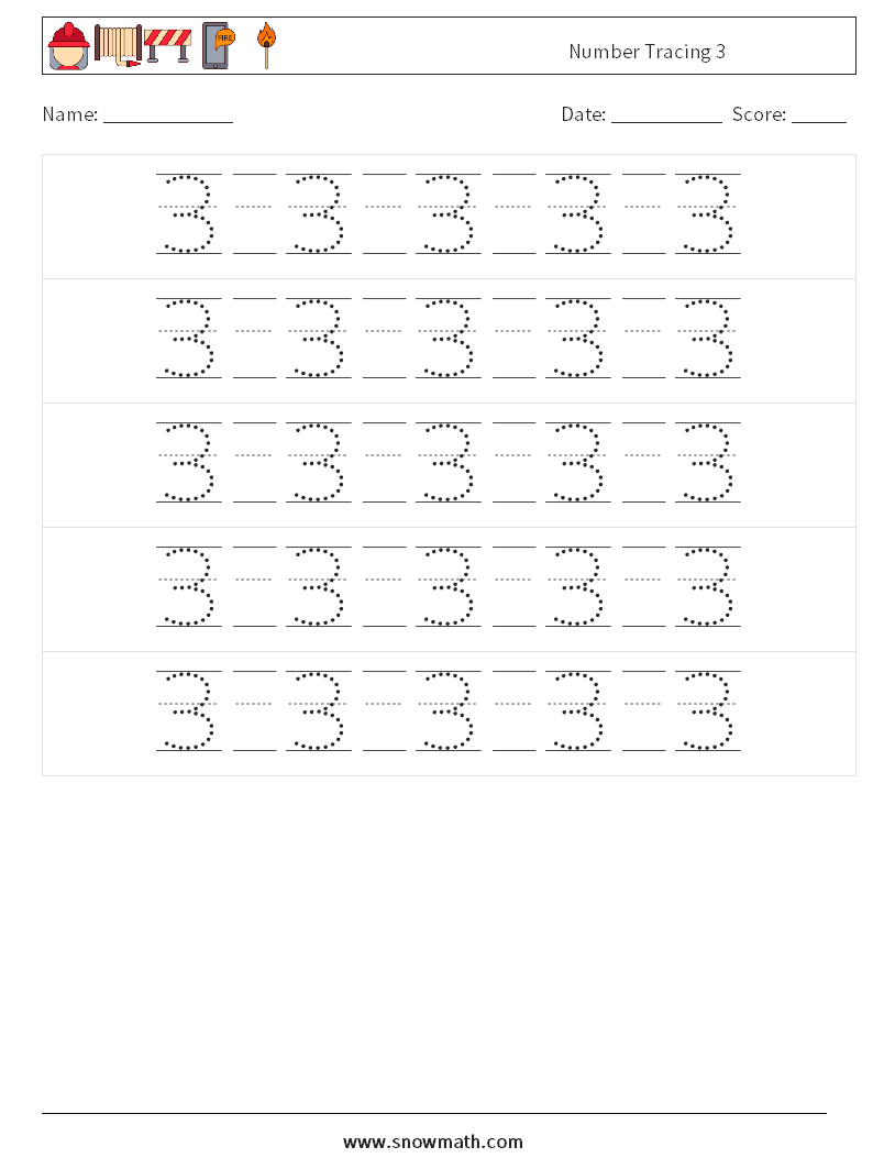 Number Tracing 3 Maths Worksheets 22