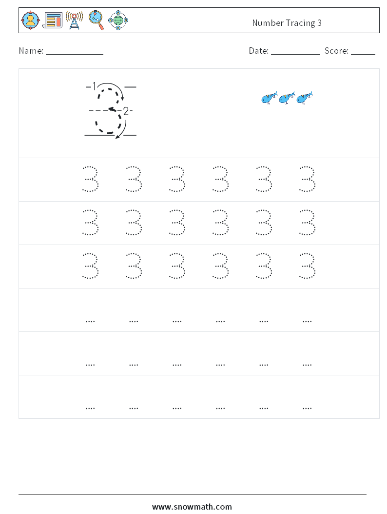 Number Tracing 3 Maths Worksheets 7