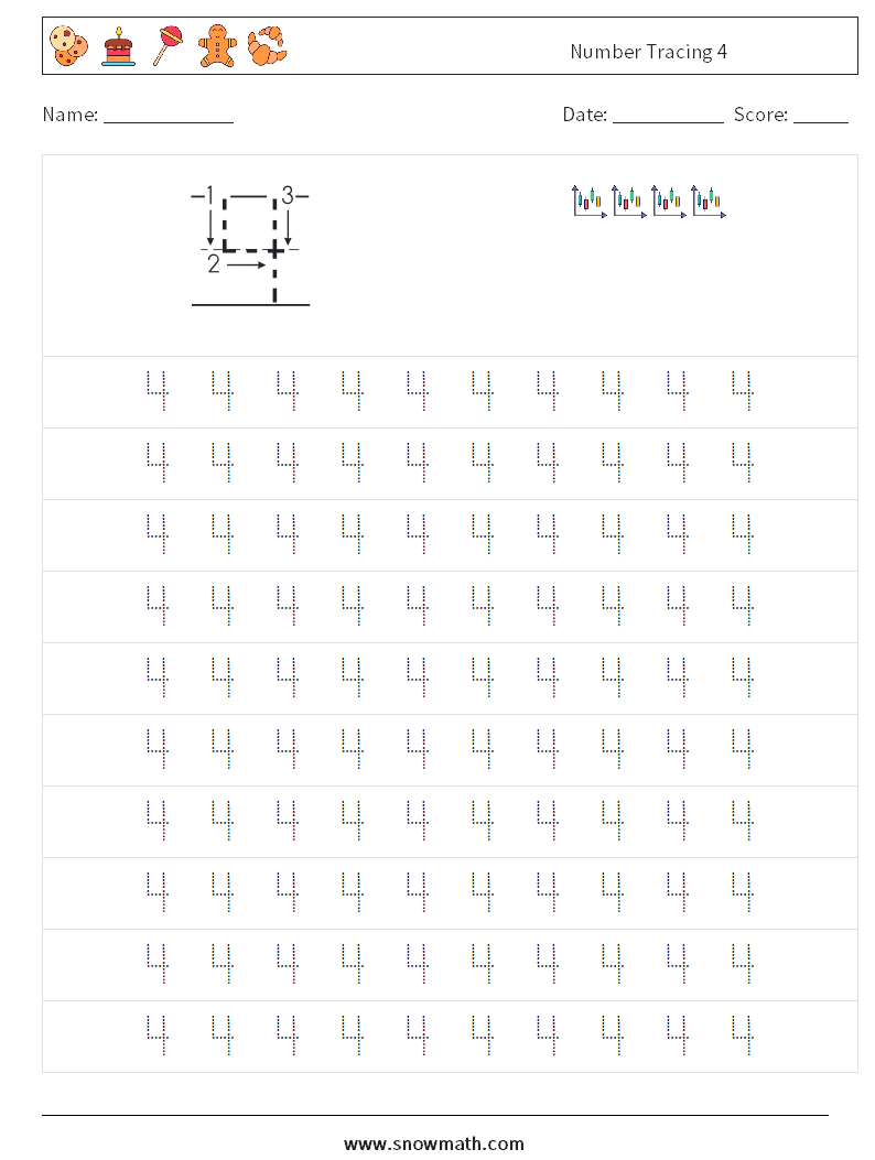 Number Tracing 4 Maths Worksheets 1