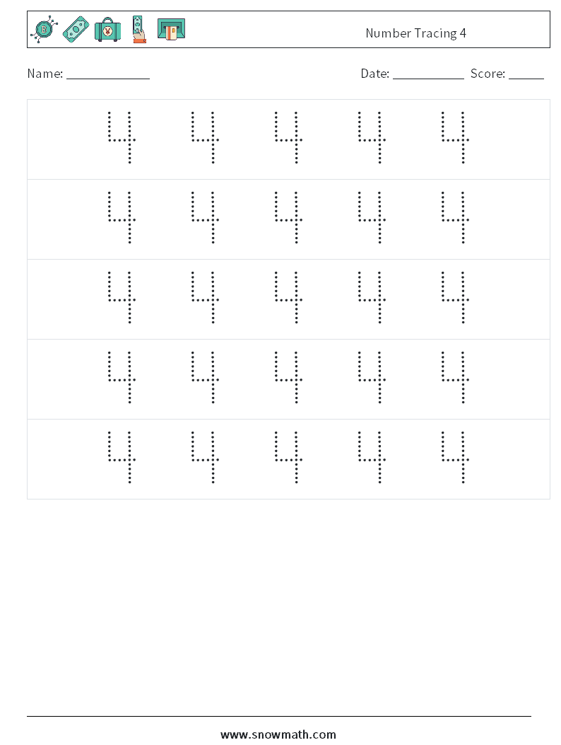 Number Tracing 4 Maths Worksheets 10