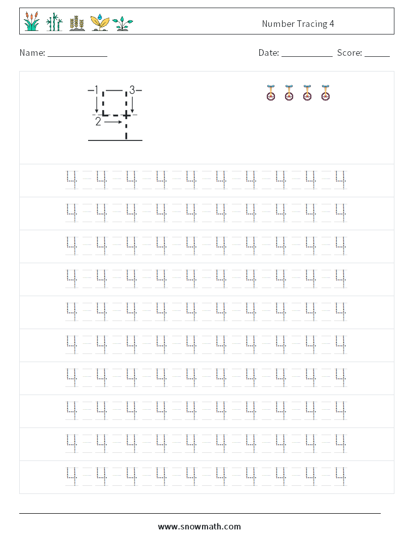 Number Tracing 4 Maths Worksheets 13