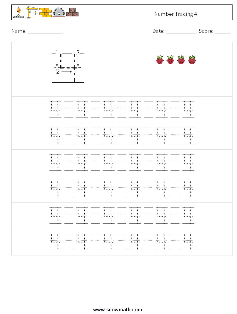 Number Tracing 4 Maths Worksheets 17