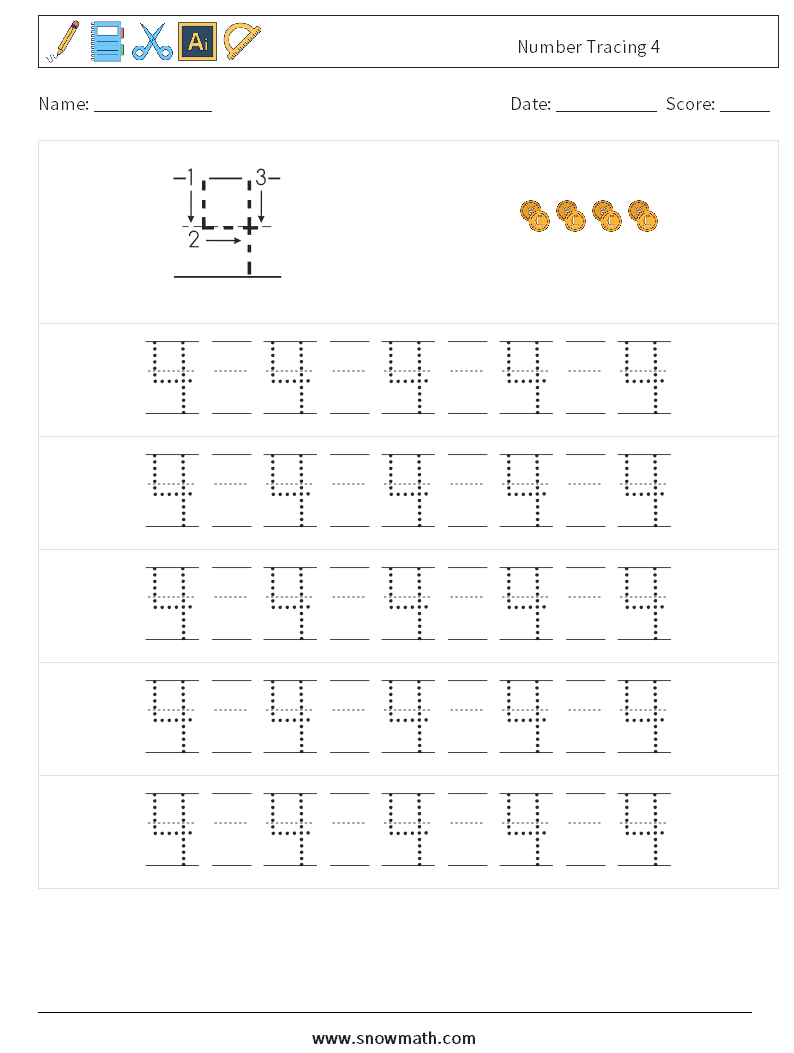 Number Tracing 4 Maths Worksheets 21