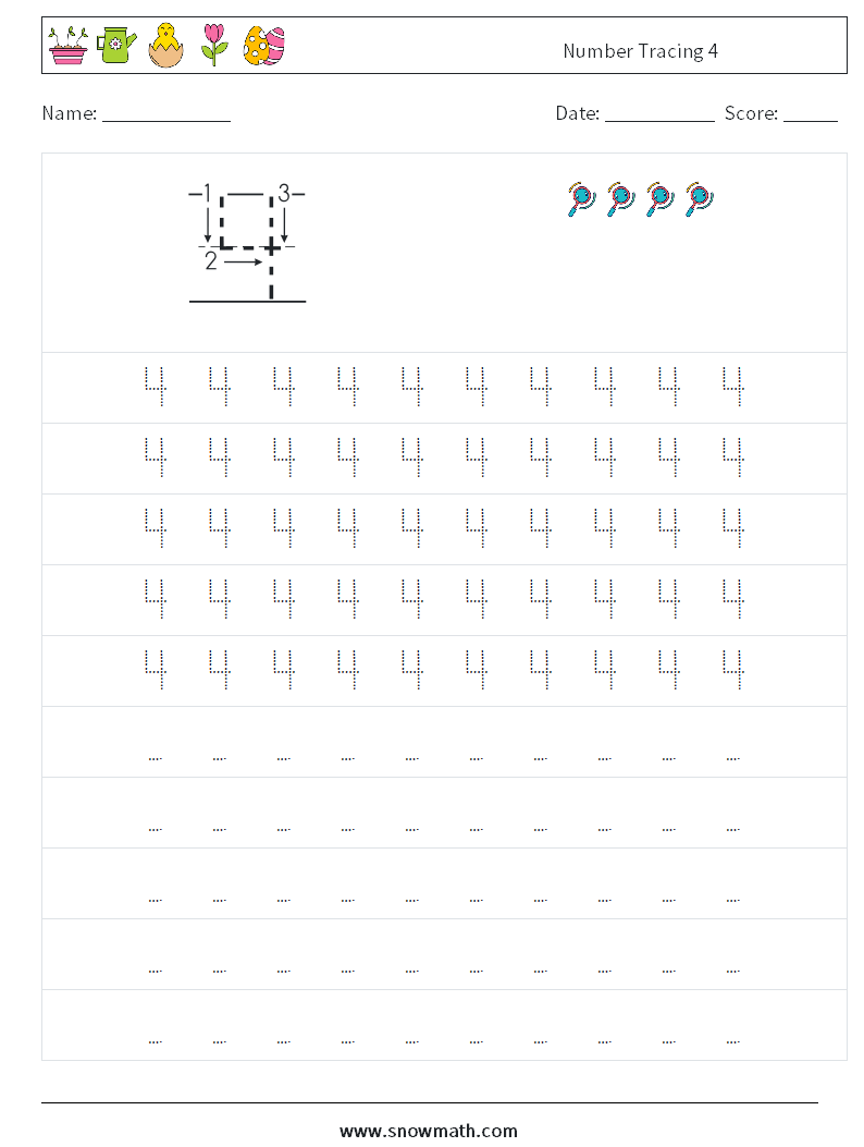 Number Tracing 4 Maths Worksheets 3