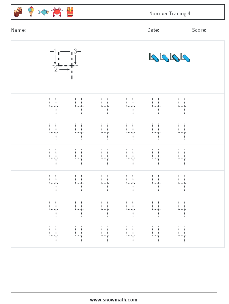 Number Tracing 4 Maths Worksheets 5