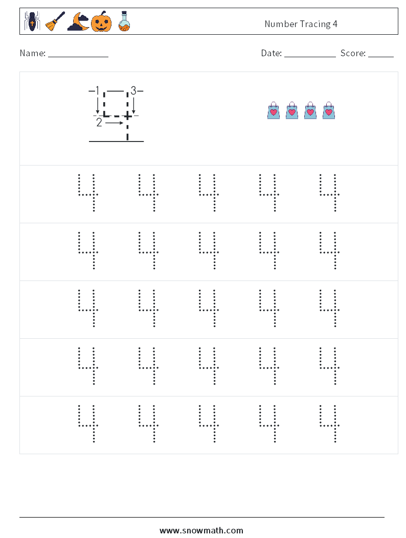 Number Tracing 4 Maths Worksheets 9