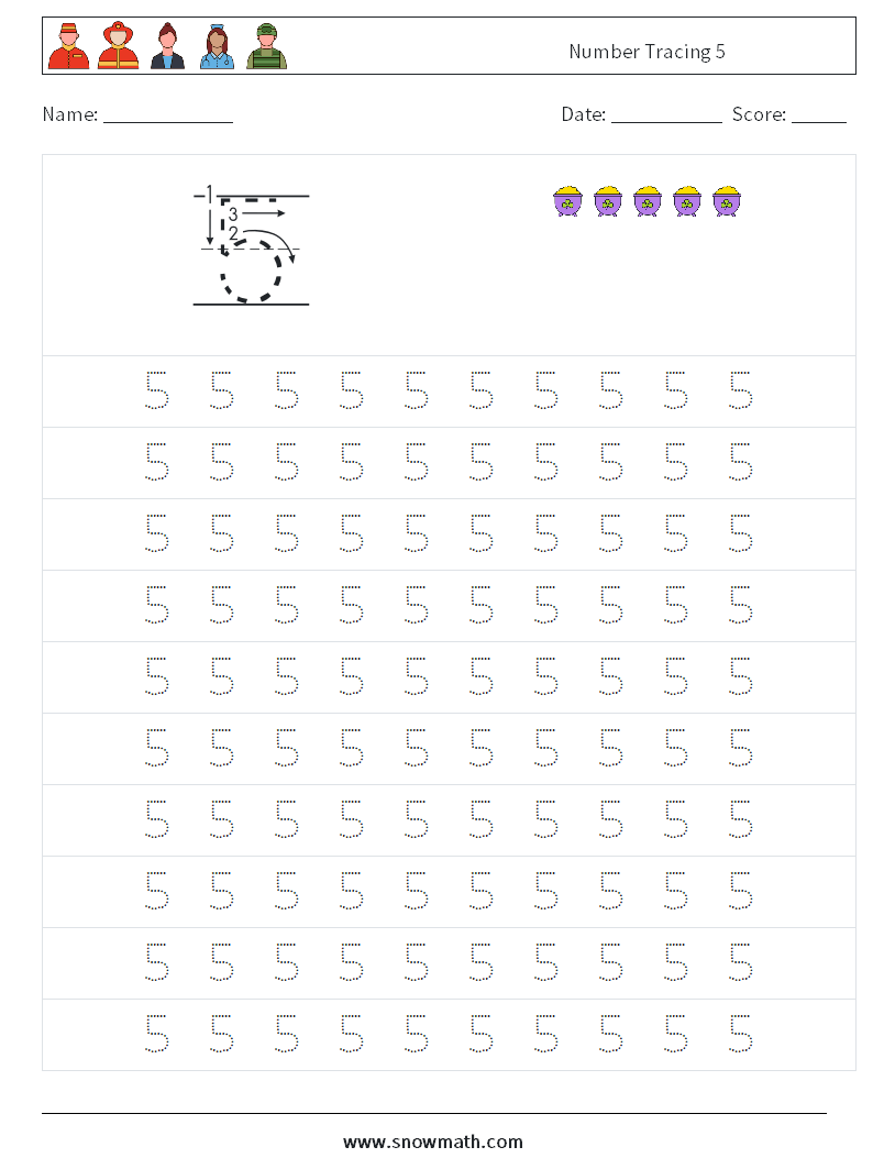 Number Tracing 5 Maths Worksheets 1