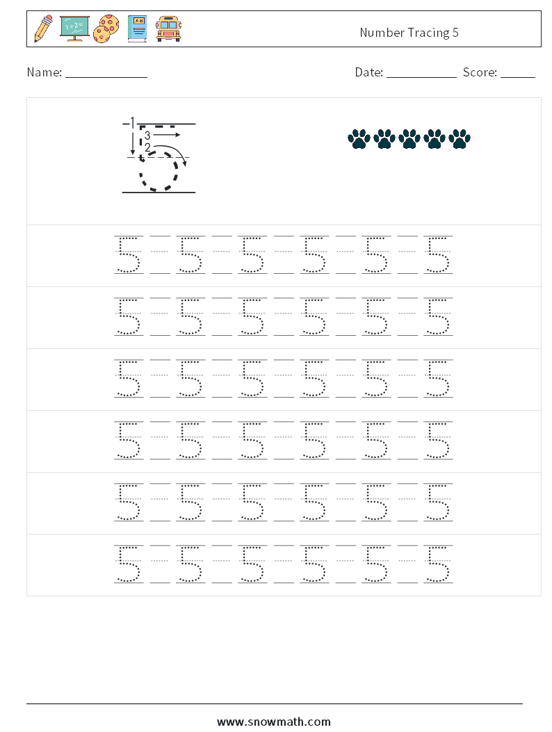 Number Tracing 5 Maths Worksheets 17