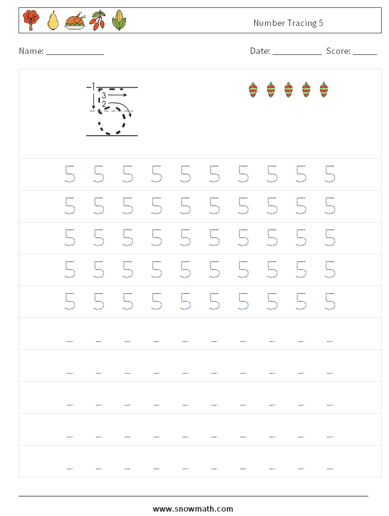 Number Tracing 5 Maths Worksheets 3