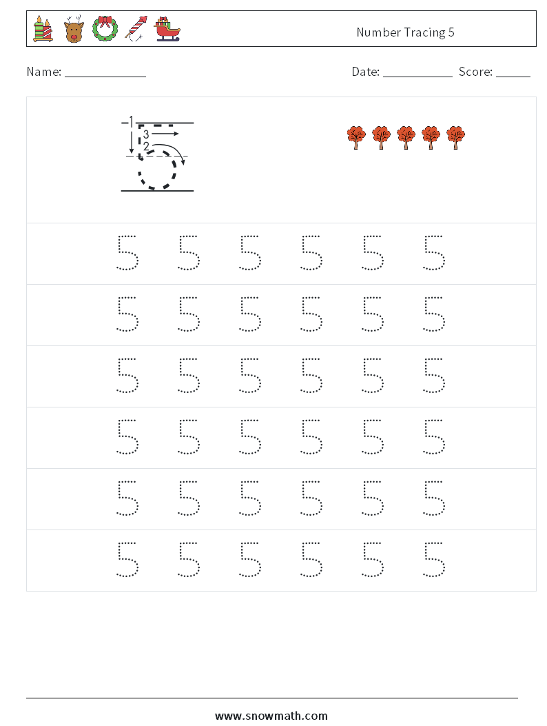 Number Tracing 5 Maths Worksheets 5