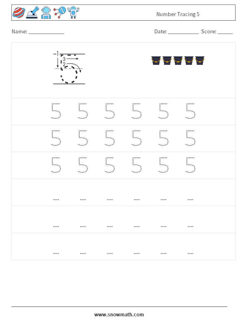 Number Tracing 5 Maths Worksheets 7