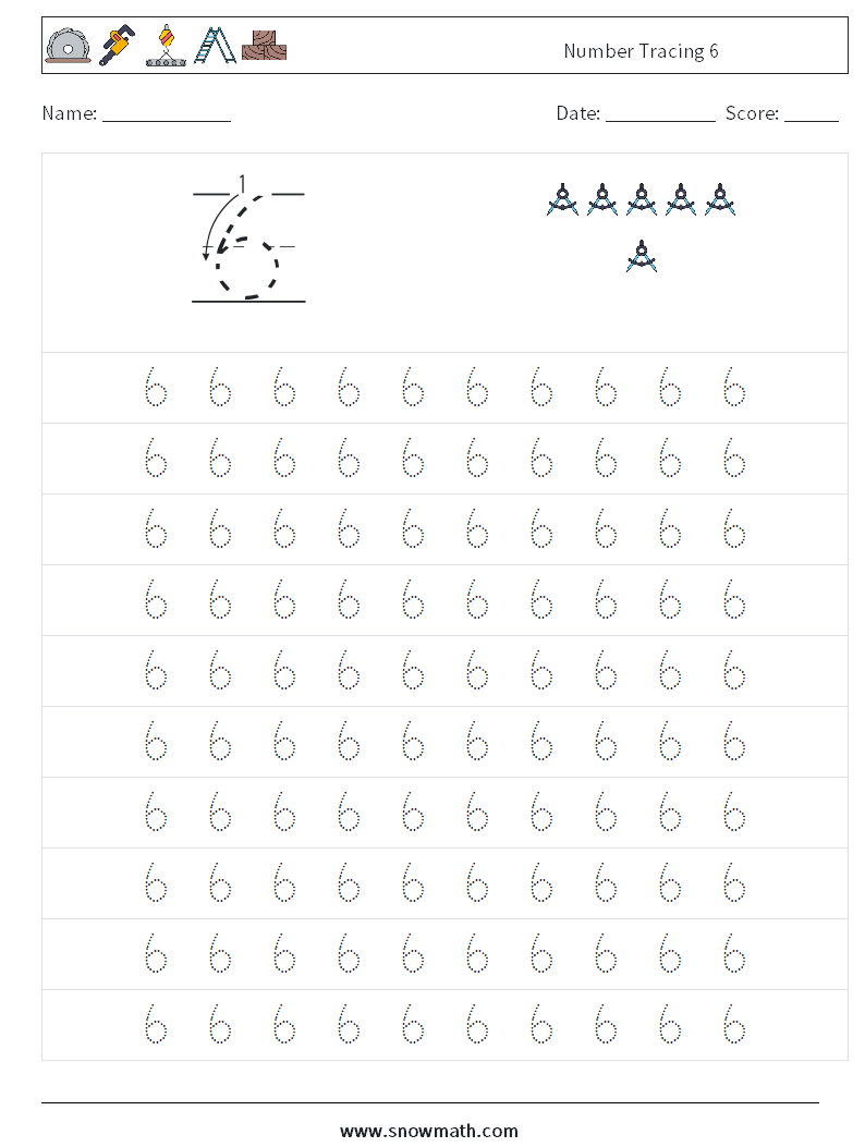 Number Tracing 6 Maths Worksheets 1