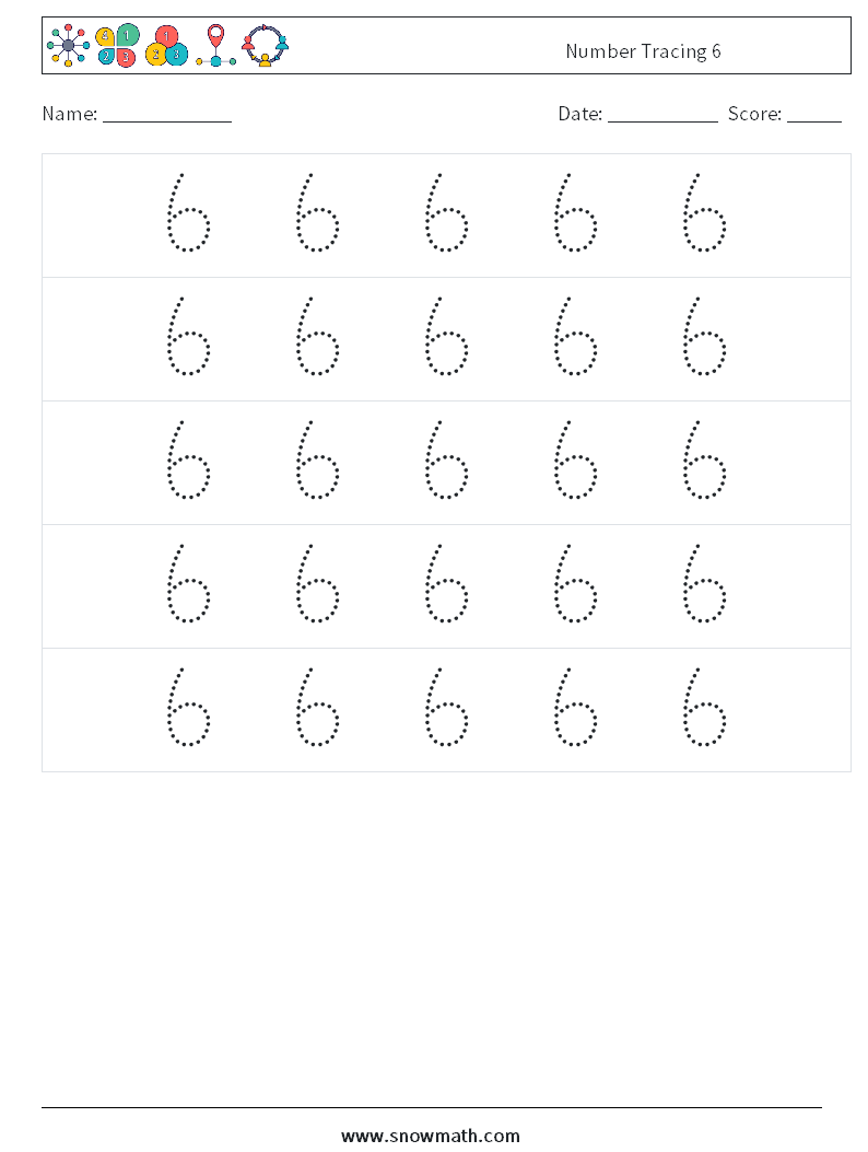 Number Tracing 6 Maths Worksheets 10