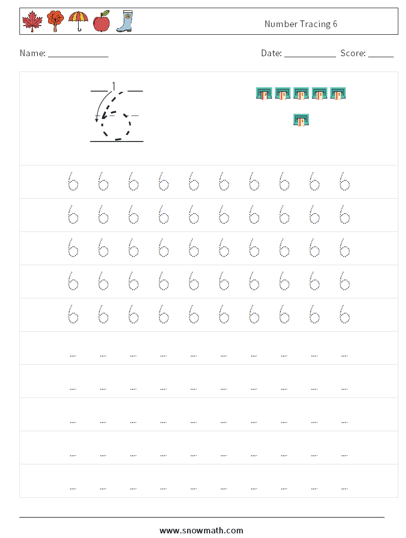 Number Tracing 6 Maths Worksheets 3