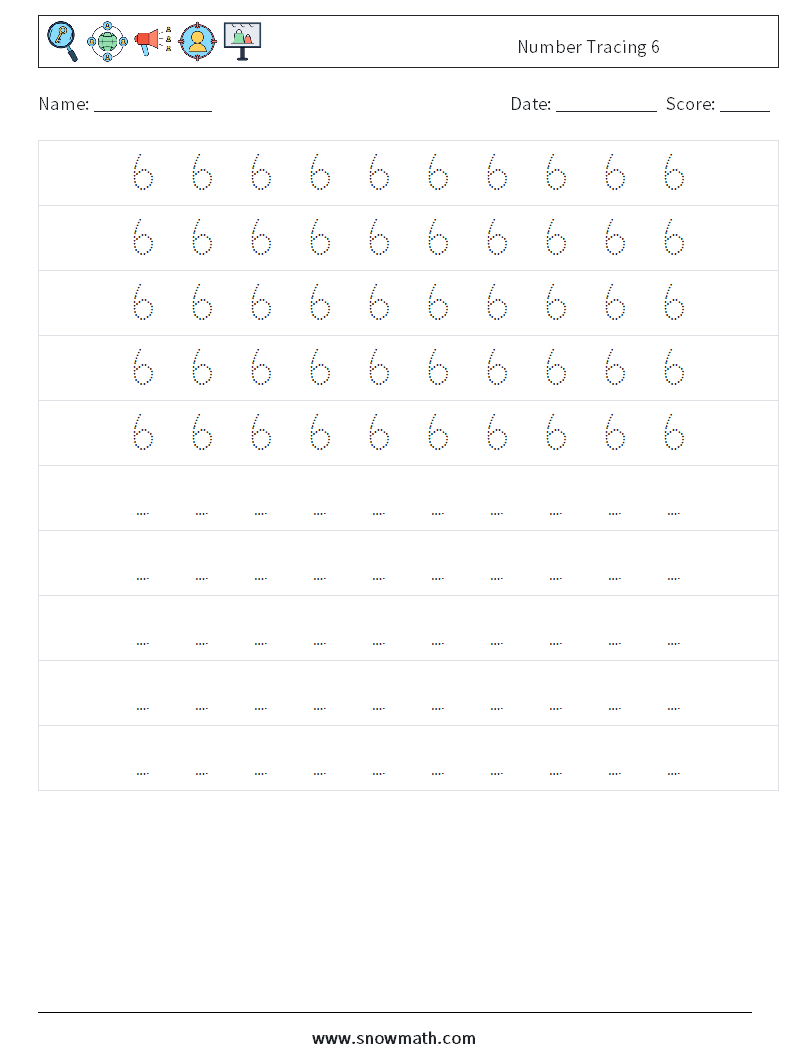 Number Tracing 6 Maths Worksheets 4